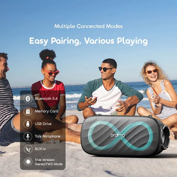 Group of people sitting on a beach with an oraimo SpaceBox Pro speaker in front of them.