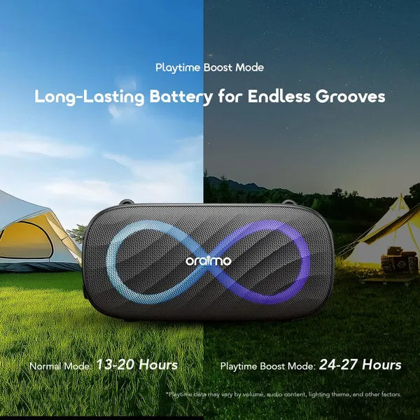 oraimo SpaceBox Pro portable speaker with camping scene and battery life text